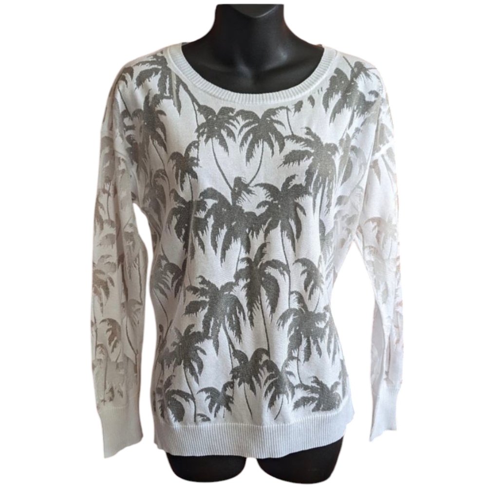 Vince Camuto Sheer Burnout White Palm Tree Long Sleeve Top Small Scoop Neck